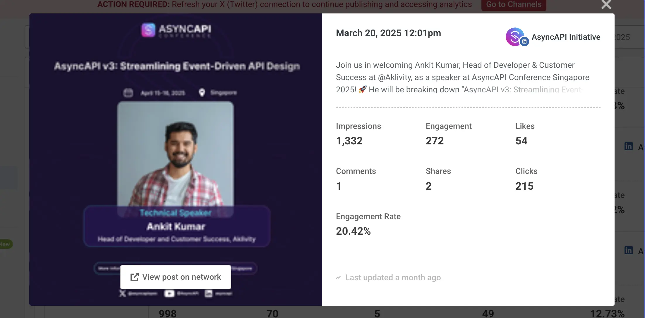 A LinkedIn announcement showing the performance details of Ankit Kumar speaker post